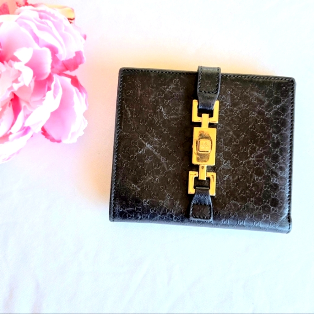 Vintage GUCCI Jackie Bi Fold Wallet Leather Metal Square Buckle Gold Hardware - Picture 1 of 14